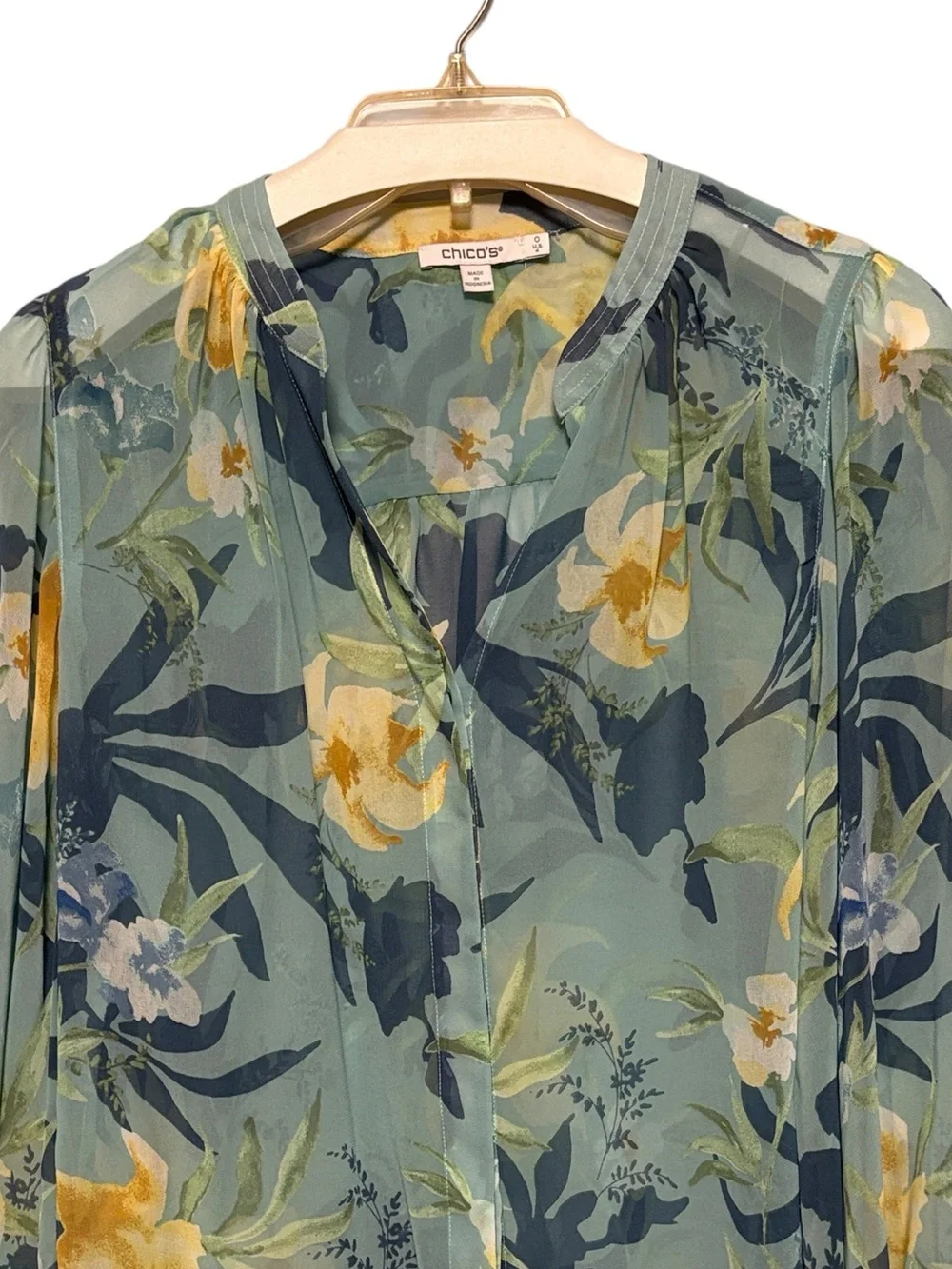 CHICO’S Floral Sheer Long Sleeve Blouse Blue Green Women’s US 4